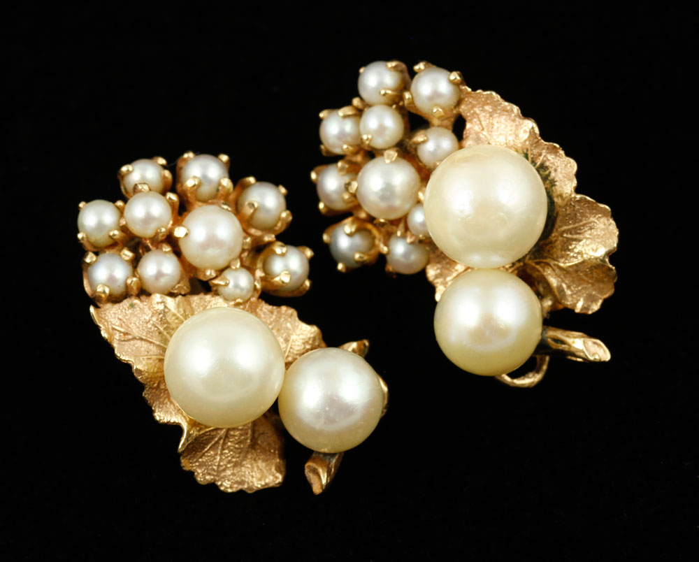 Appraisal: - Pr K Yellow Gold Diamond and Pearl Earrings Pair