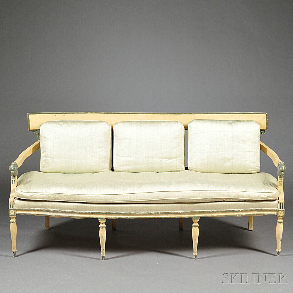 Appraisal: Gustavian Triple-back Painted Settee c cream-painted throughout with olive green