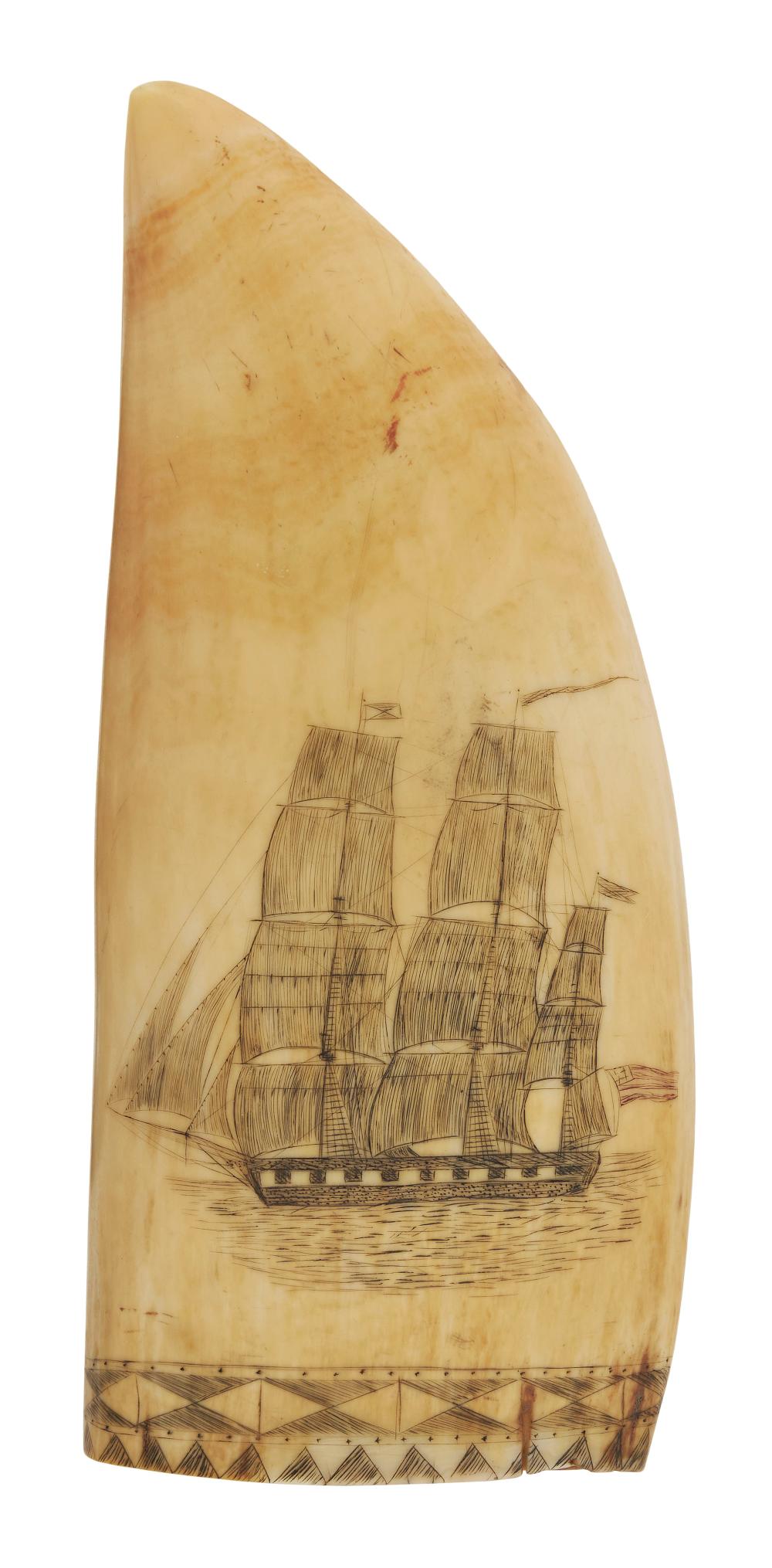 Appraisal: POLYCHROME SCRIMSHAW WHALE'S TOOTH WITH SHIP AND FIGURAL PORTRAITS MID-