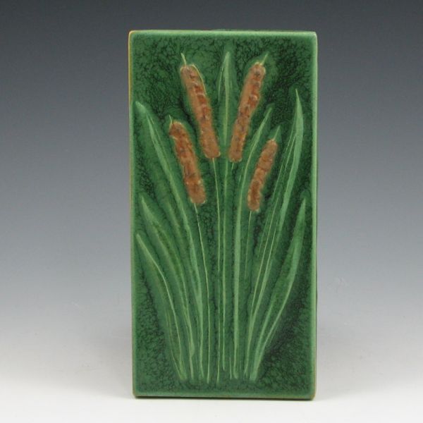 Appraisal: Prairie Art Pottery cattails tile in Arts Crafts matte green