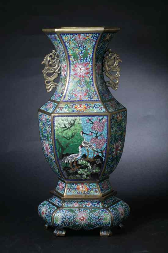 Appraisal: CHINESE CLOISONN ENAMEL VASE AND STAND Qianlong four character seal