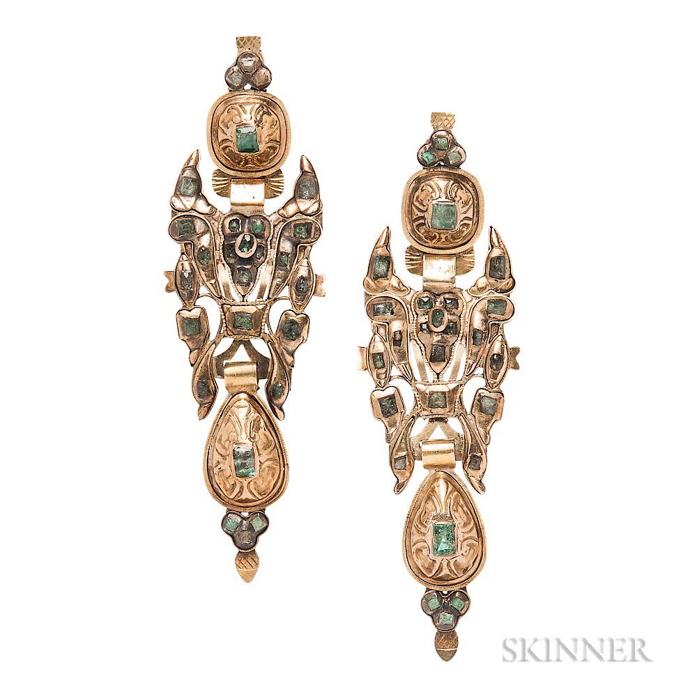 Appraisal: Gold and Emerald Earrings Gold and Emerald Earrings Iberia late