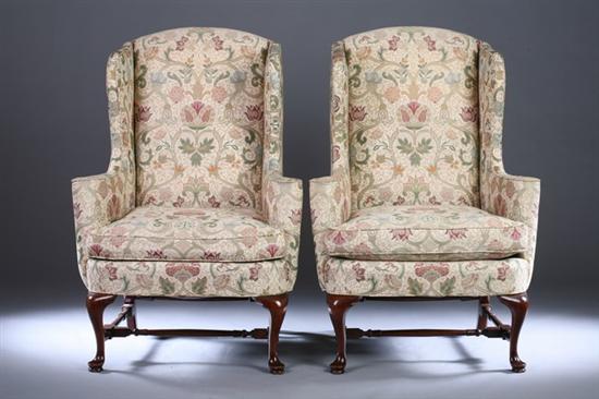 Appraisal: PAIR QUEEN ANNE STYLE MAHOGANY EASY CHAIRS th century with