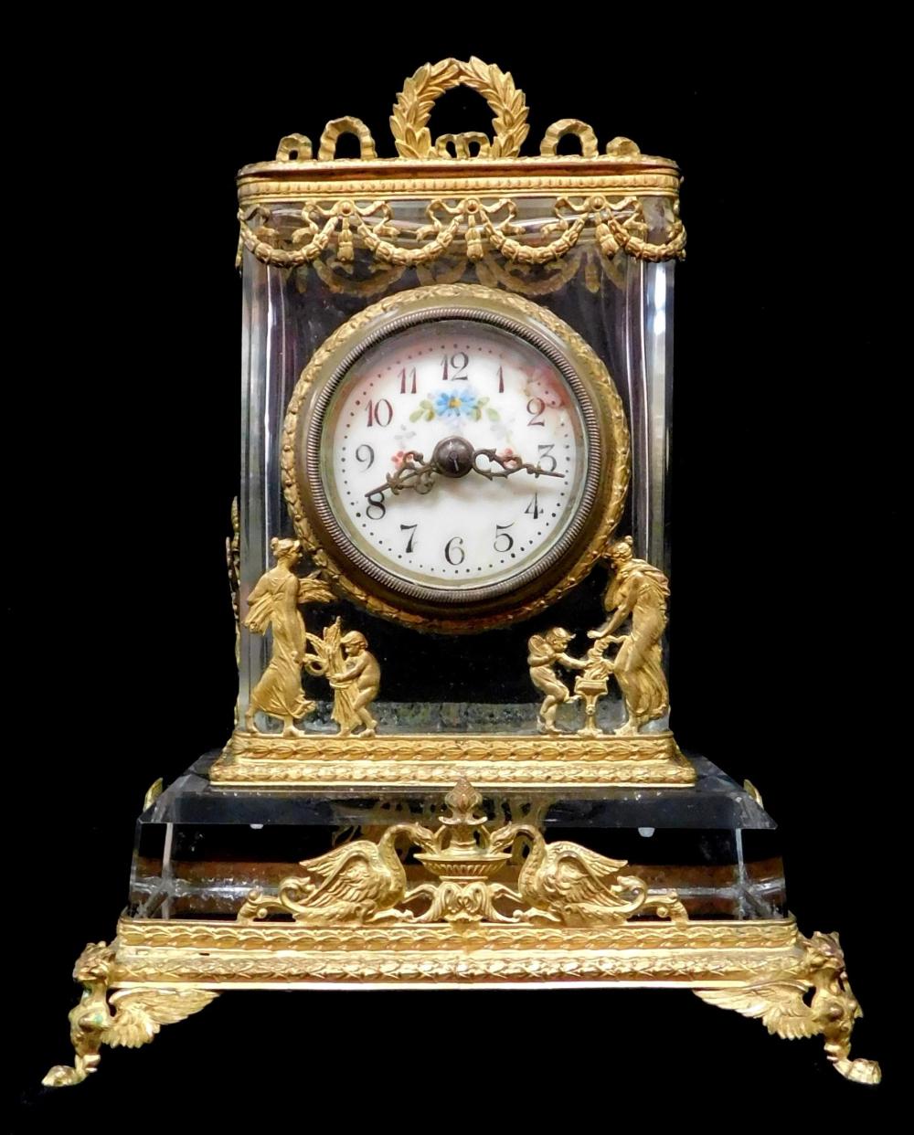 Appraisal: Clock French crystal and brass desk clock hand painted porcelain