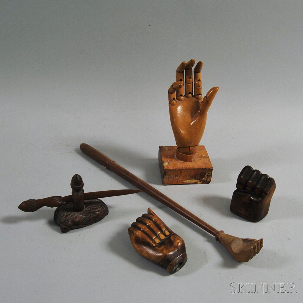 Appraisal: Five Carved Wooden Objects Incorporating Hands th and th century