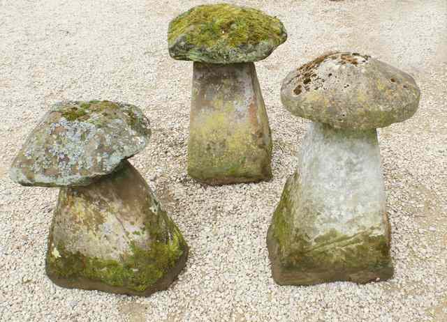 Appraisal: AN OLD LICHEN COVERED SANDSTONE STADDLE STONE the rough cut