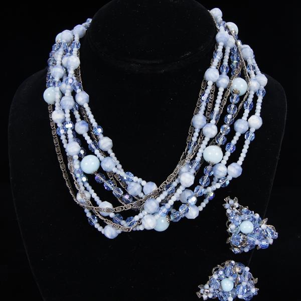 Appraisal: Original by Robert pc Blue Beaded Multi-Strand Necklace Clip Earrings