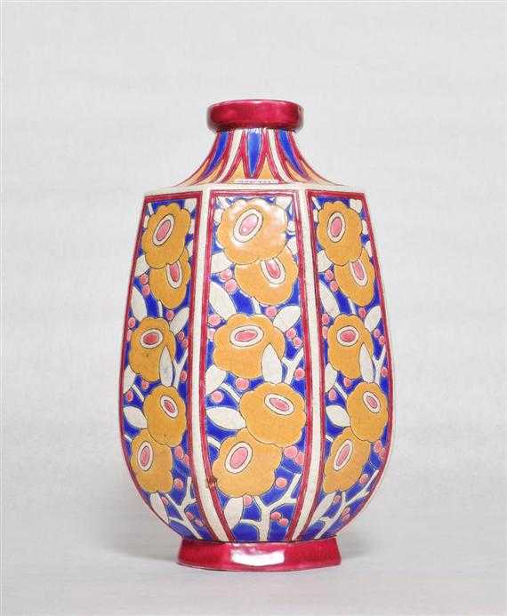 Appraisal: LONGWY VASE circa Polychrome crackle glazed fa ence Signed with