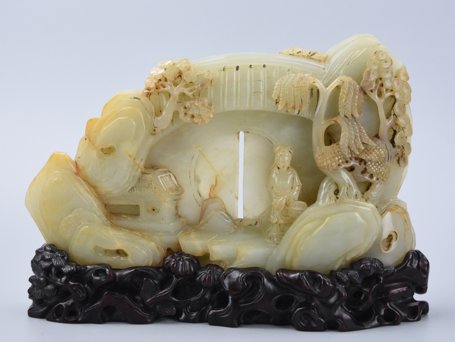 Appraisal: TWO-SIDED HETIAN JADE CARVING W FIGURE QING D A wide