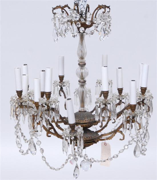 Appraisal: ANTIQUE CHANDELIER Two-tiered gilt metal with lights crystal standard drops