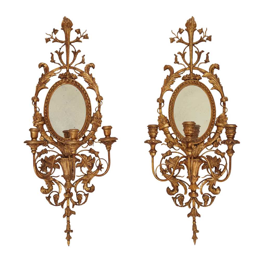 Appraisal: PAIR OF NEOCLASSICAL STYLE GILTWOOD AND MIRRORED WALL SCONCES TH