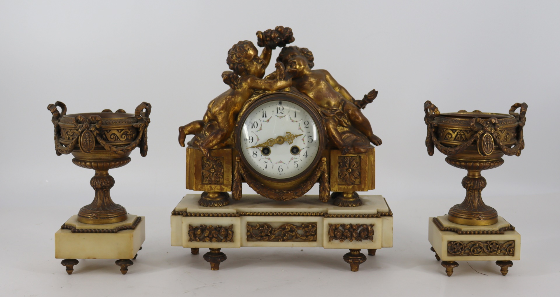 Appraisal: ANTIQUE FRENCH BRONZE MARBLE CLOCK GARNITURE SET Nice quality The