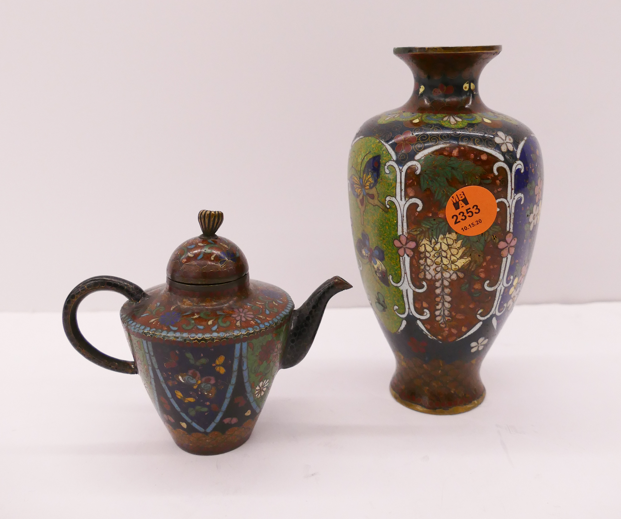 Appraisal: pc Japanese Meji Cloisonne Vase Miniature Teapot- '' to ''