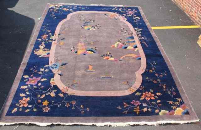 Appraisal: Chinese Blue And Floral Decorated Deco Carpet A great looking