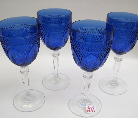 Appraisal: TWELVE GLASS WATER GOBLETS with patterned blue bowls on clear