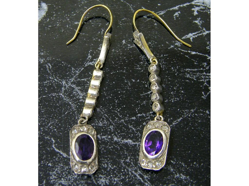 Appraisal: Pair of amethyst and diamond drop earrings in the Victorian