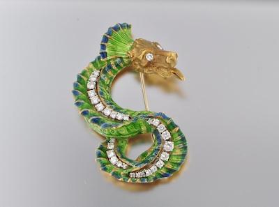 Appraisal: A Diamond and Enamel Dragon Brooch k yellow gold brooch