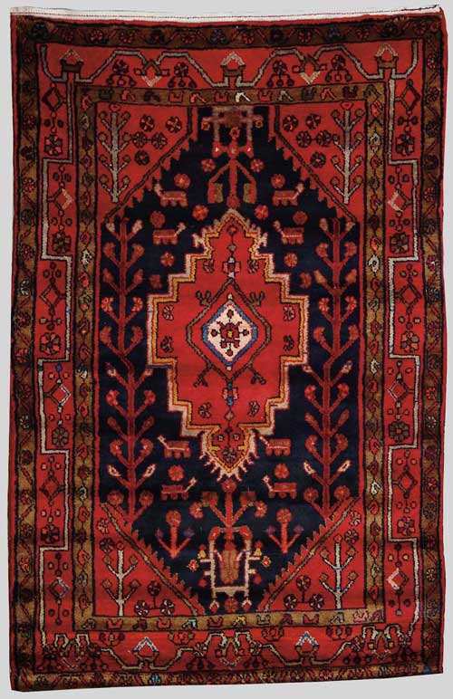 Appraisal: ORIENTAL HAMADAN SCATTER RUG Black field with center medallion in