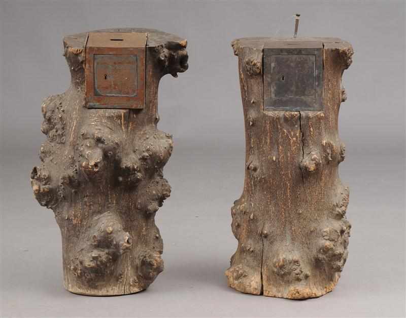 Appraisal: PAIR OF UNUSUAL FRENCH TREE TRUNK SAFE BOXES Of naturalistic