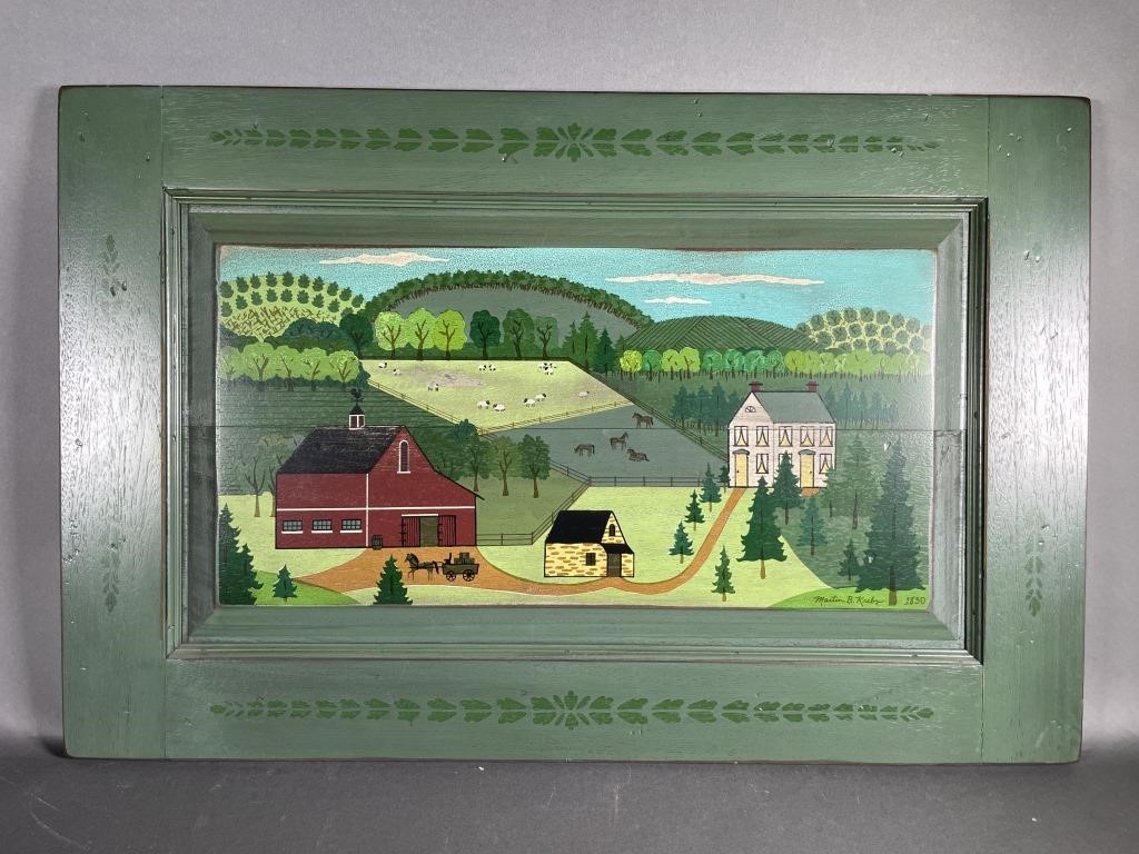 Appraisal: Print on wood panel of a vernacular farm scene worn