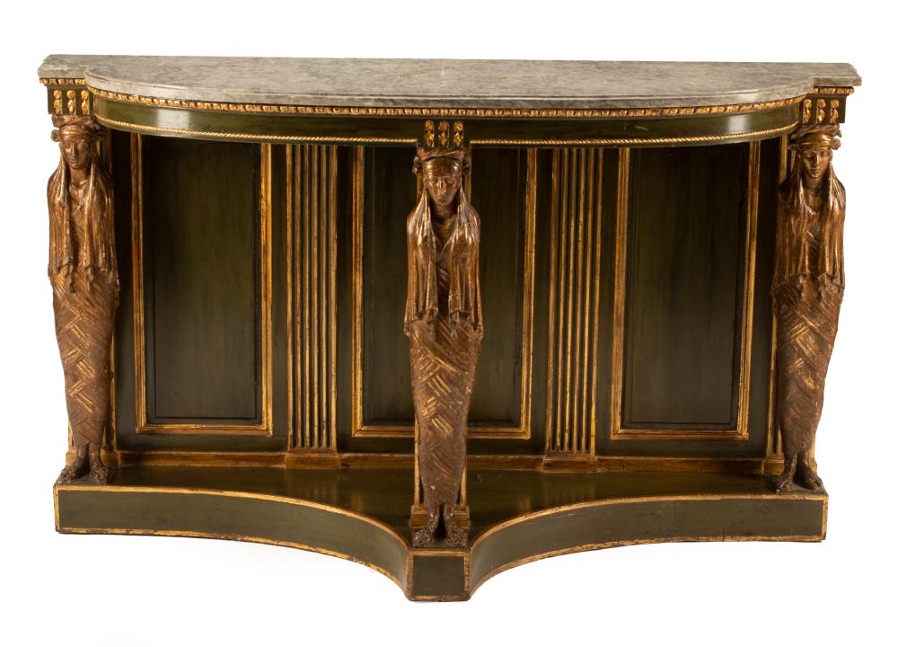 Appraisal: Antique Empire-Style Verte Peinte and Parcel Gilt Demilune Console gray