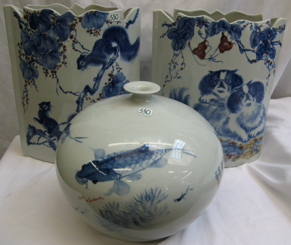 Appraisal: THREE CHINESE PORCELAIN VASES Including a pair of pillow-form one