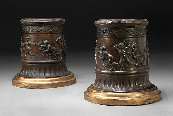 Appraisal: A pair of Neoclassical style bronze pedestals Of cylindrical form