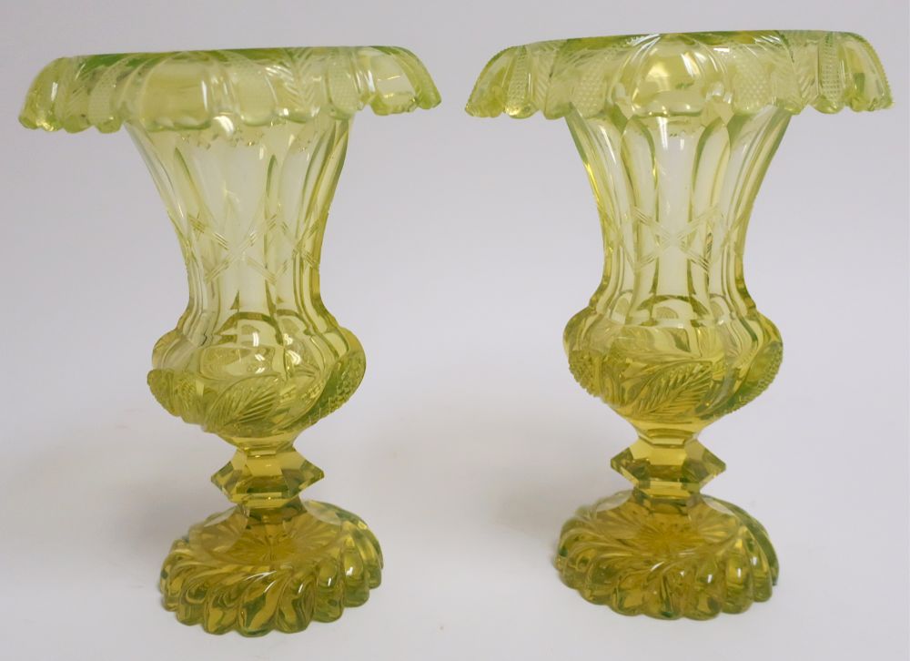 Appraisal: Pair of Vaseline Cut Glass Vases Late th or early