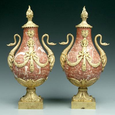 Appraisal: Pair bronze mounted marble urns mottled salmon ivory colored marble