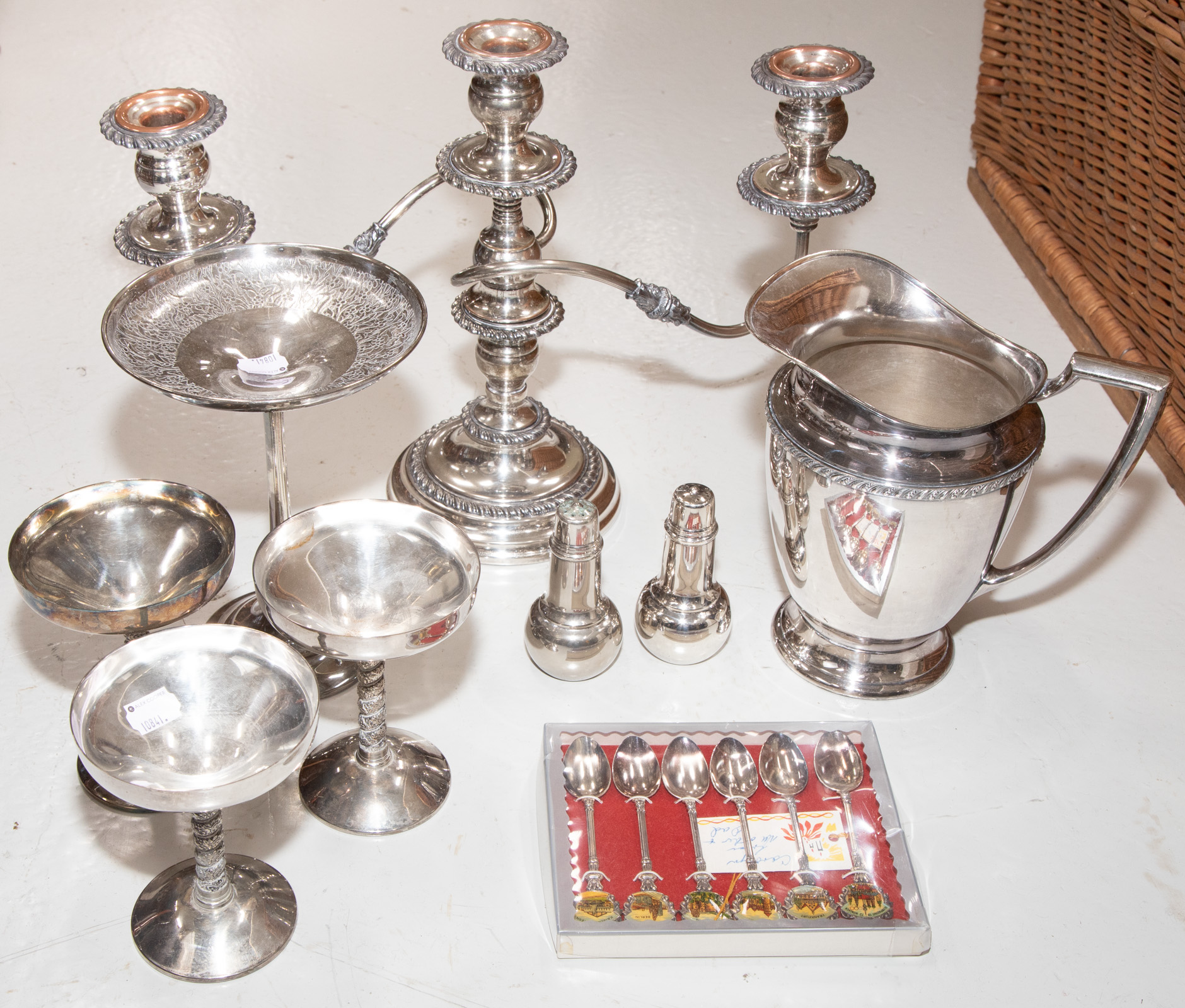 Appraisal: SELECTION OF SILVER-PLATED WARE Including a candelabrum water pitcher and