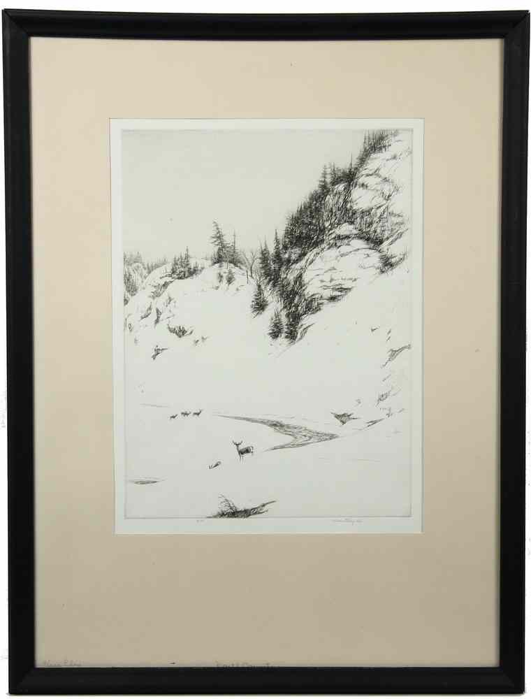 Appraisal: ETCHING - Deer at Winter Mountain Stream by Kerr Eby