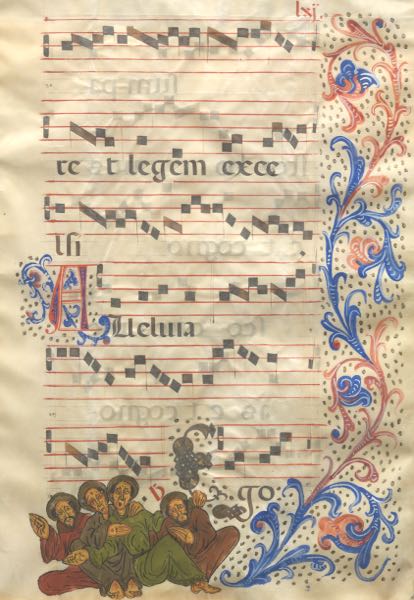 Appraisal: DOUBLE-SIDED ANTIPHONAL LEAF x Hand-illuminated antiphonal leaf on parchment depicting