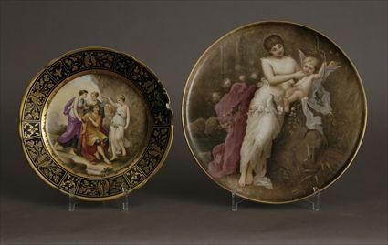 Appraisal: Austrian Painted Porcelain Charger Nymphe und Amor Together with an