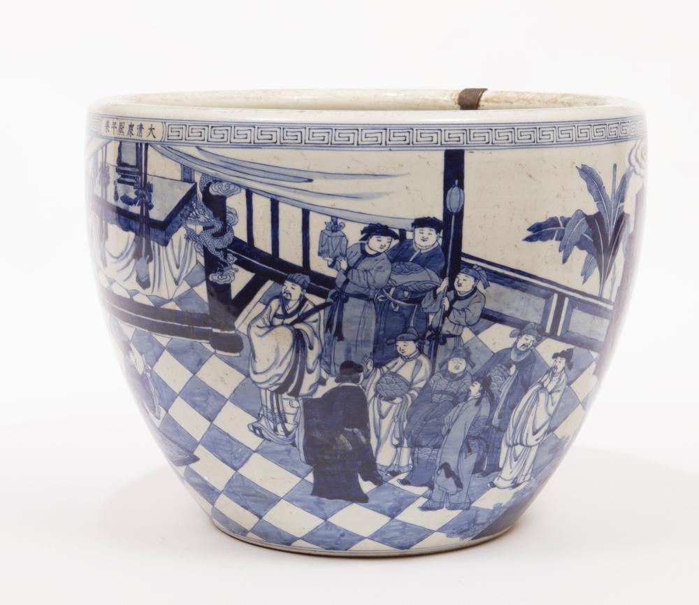 Appraisal: Modern Chinese Blue and White Porcelain Jardiniere decorated with figures