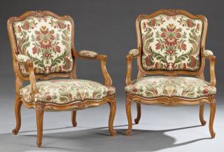 Appraisal: Pair of Louis XV Style Upholstered Carved Cherry F Pair