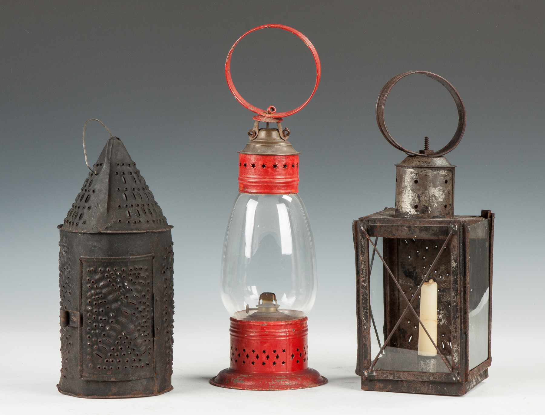 Appraisal: Two Candle Lanterns and One Oil Lantern L - Paul