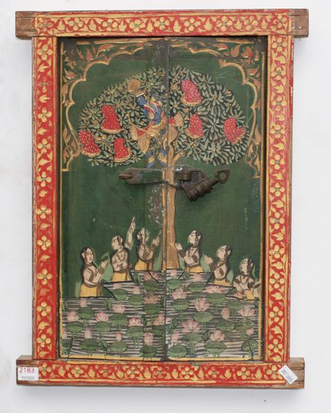 Appraisal: A painted window shutter depicting Krishna stealing the clothes of