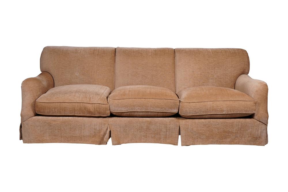 Appraisal: BEIGE UPHOLSTERED THREE-SEAT SOFA inches wide Condition