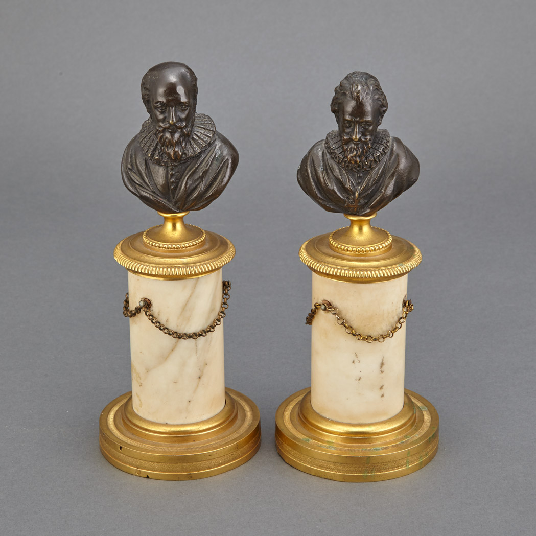 Appraisal: Pair of Bronze Gilt-Metal and Marble Portrait Busts on Pedestals