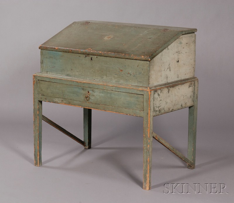 Appraisal: Blue-Painted Pine Desk-on-Frame probably Connecticut th century the stepped interior