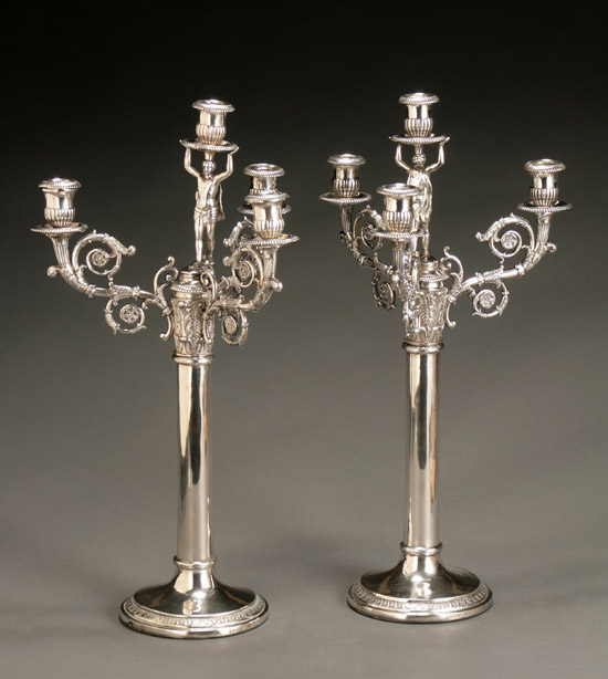 Appraisal: Pair of German Neoclassical Style Weighted Silver Four-Light Candelabra J