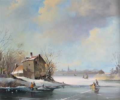 Appraisal: Dutch School th Century Winter lake landscape with skaters Signed