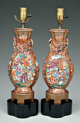 Appraisal: Pair Chinese export porcelain vases mandarin palette flattened quatrefoil applied