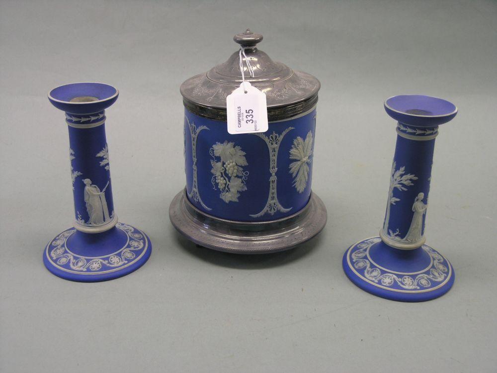 Appraisal: A pair of Wedgwood Blue Jasper candlesticks in and a