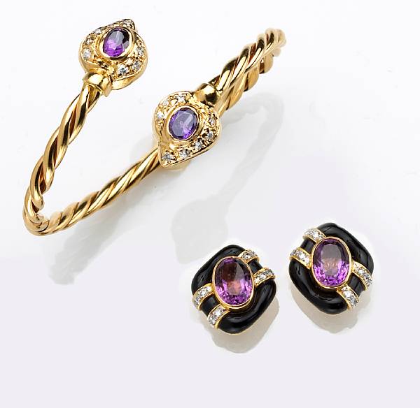 Appraisal: An amethyst diamond black onyx and k gold jewelry set