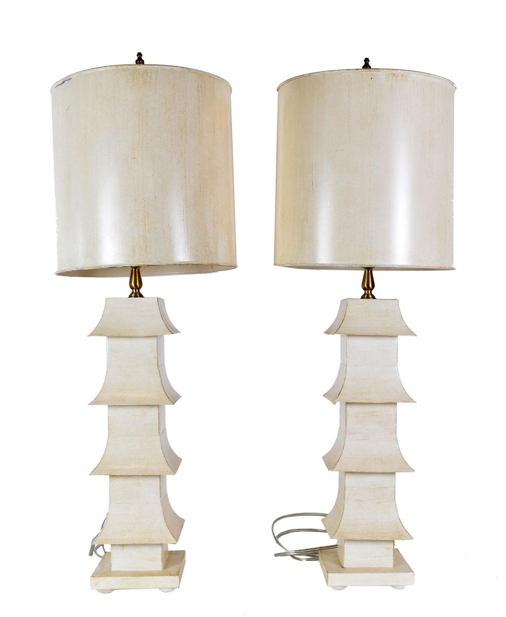 Appraisal: PAIR OF TOLE PEINTE STYLIZED POGADA SHAPED LAMPSPainted white Height