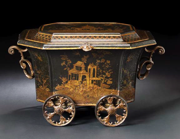 Appraisal: Unusual English Black-and-Gold Tole-Peinte Octagonal Coal Trolley in the chinoiserie