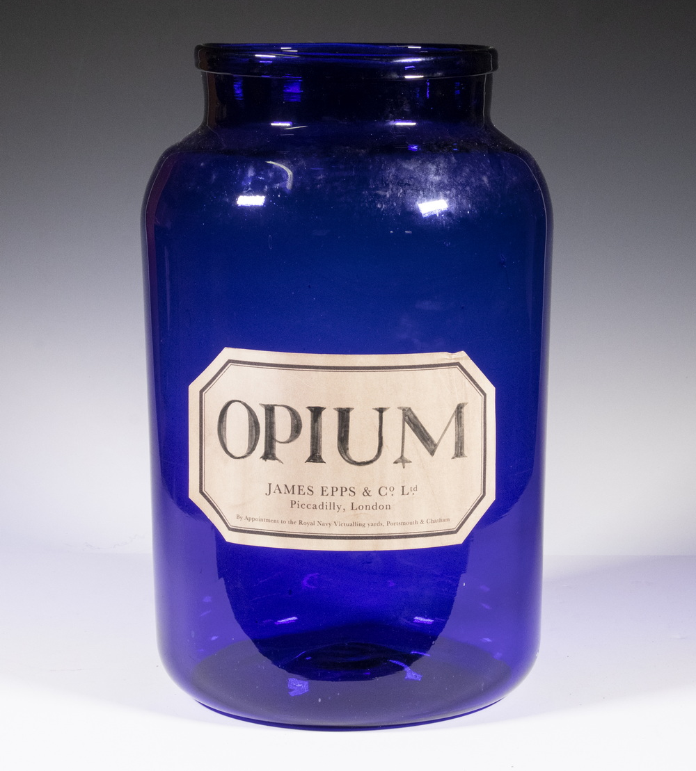 Appraisal: LARGE BLUE GLASS APOTHECARY JAR OPIUM Cobalt Blue handblown glass