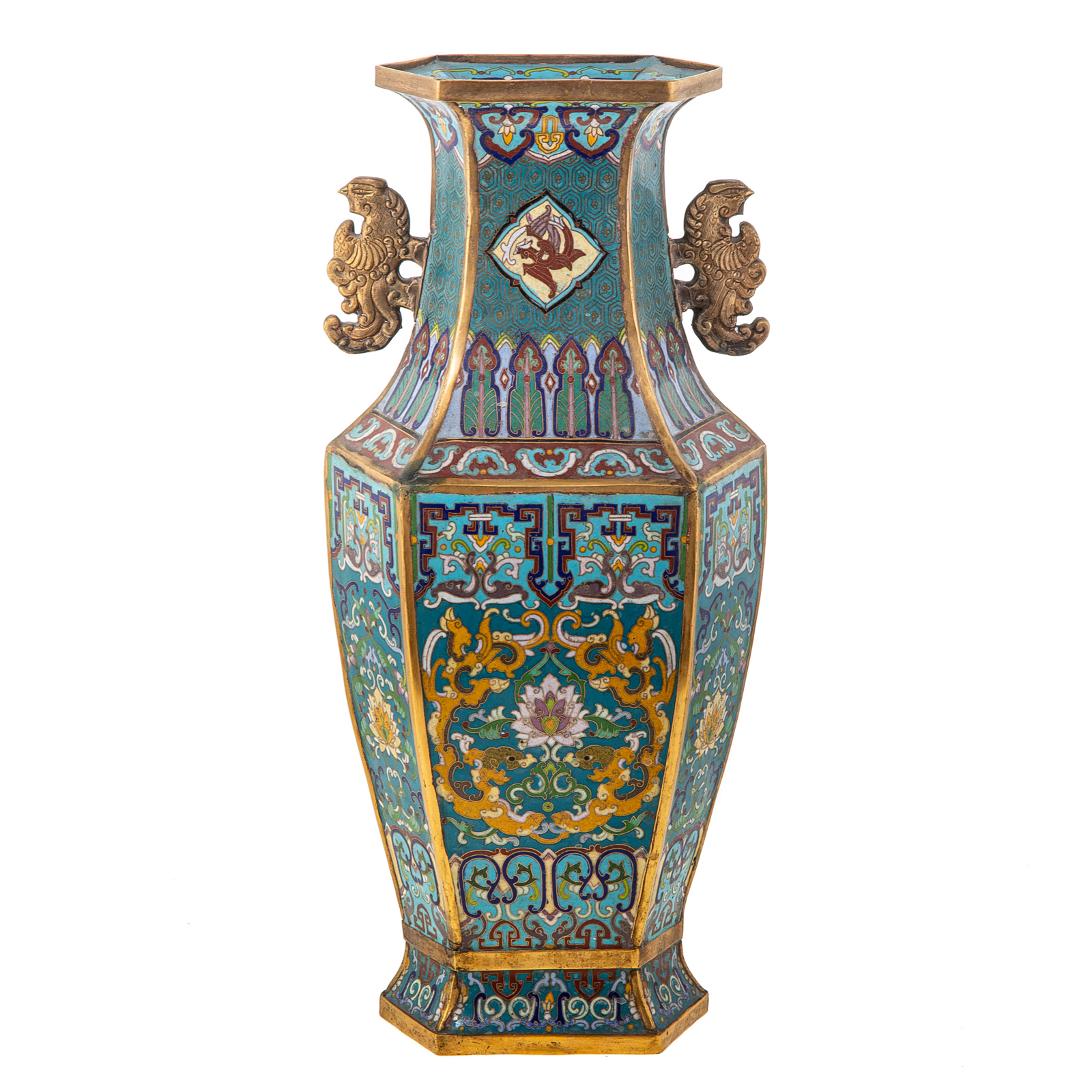 Appraisal: CHINESE CLOISONNE ENAMEL PANELED VASE th century having phoenix handles