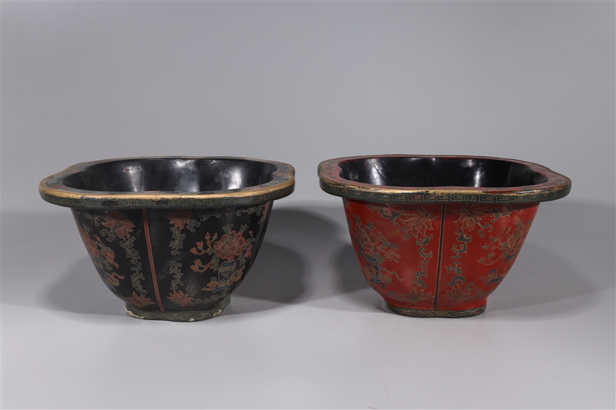 Appraisal: Pair of Chinese lacquered basins with floral designs and gilt